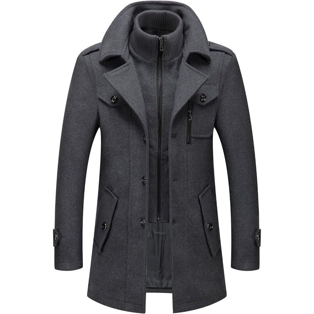 Men's Grey 2 Wool Blend Coat Warm Winter Trench Coat With Detachable Soft Scarf
